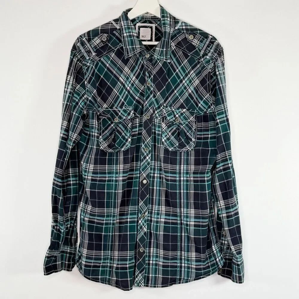 BKE Slim Fit Plaid Western Pearl Snap Down Shirt Thick Stitching Y2K 2000s - Men